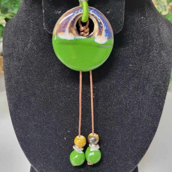Green Ethnic Necklace Ceramic Beads Adjustable Fashion Necklace Bohemian tassel - Picture 4 of 9